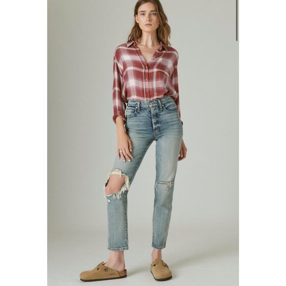 Lucky Brand High Rise Ripped Drew Mom Jean Atmosphere Dest Blue Washed Sz 4/27 - Picture 4 of 7